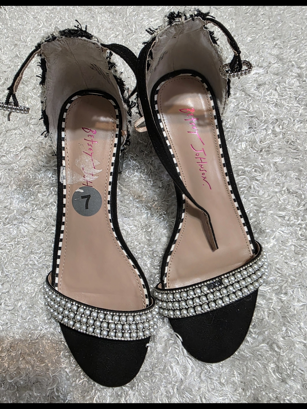 Betsey Johnson Black Pearl & Tweed Ankle-Strap Heels